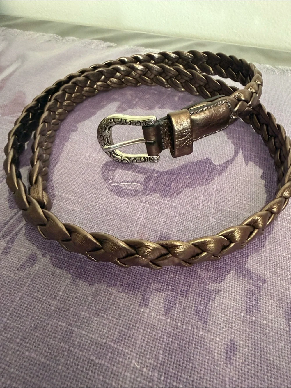 Brighton Braided Bronze Leather Belt Engraved Silver Tone Buckle Size 34